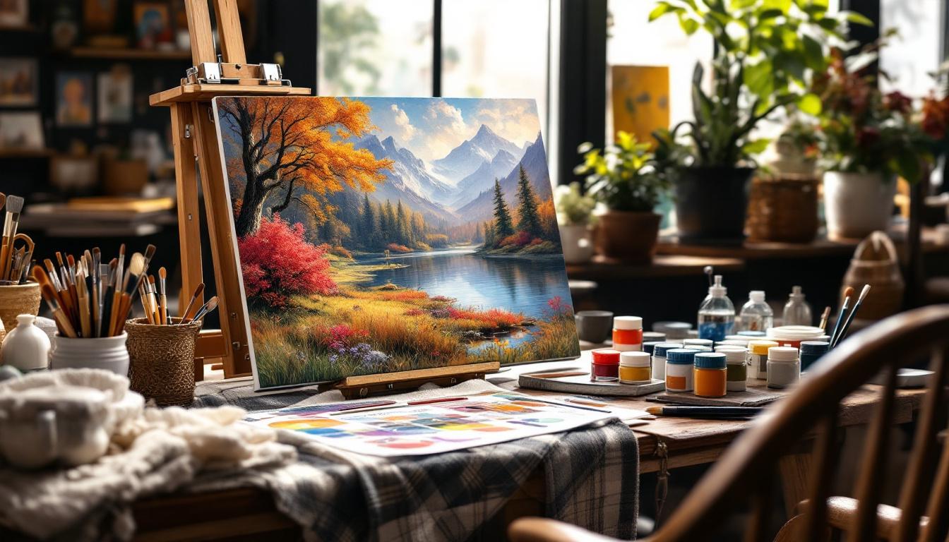Organized traditional paint-by-numbers workspace with canvas, paints, brushes and professional setup