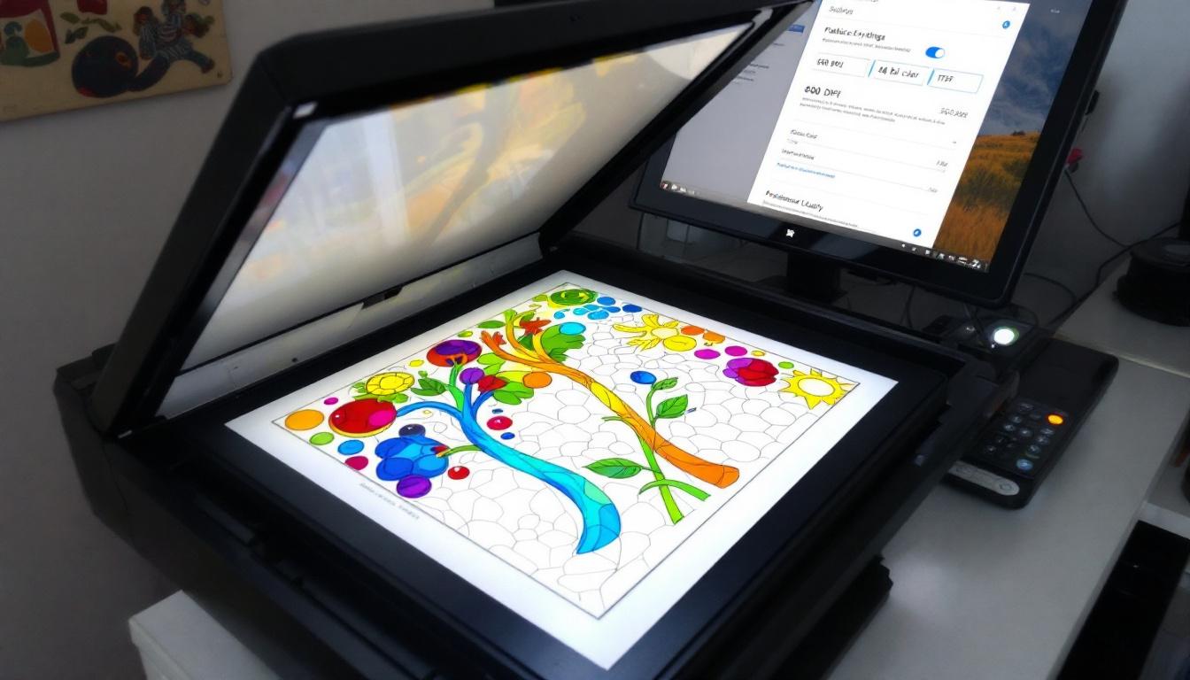 Professional flatbed scanner with paint-by-numbers artwork and technical settings for high-quality digitization