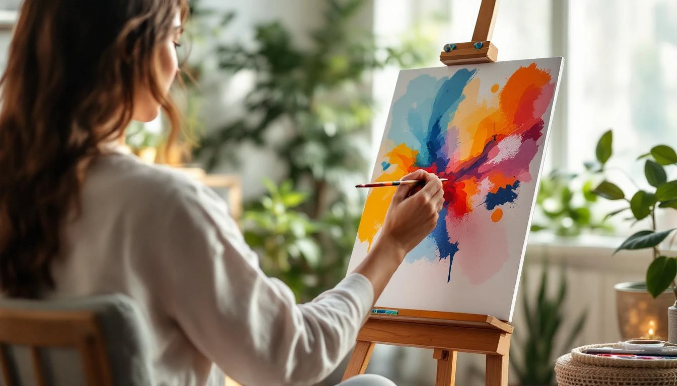 Therapeutic abstract paint by numbers vintage practice in mindful workspace showing stress relief and creative meditation benefits