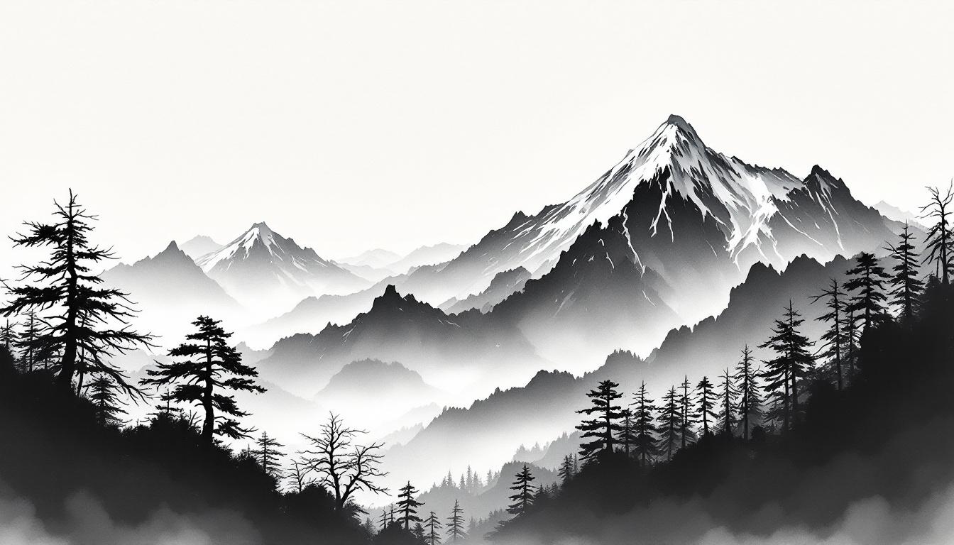 Minimalist sumi-e style ink wash painting showing Japanese mountain landscape with black ink gradations and emphasis on empty space using traditional brush techniques