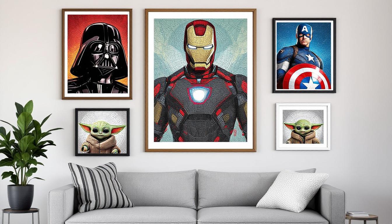 Finished paint-by-numbers artwork arranged as a gallery wall featuring framed Star Wars and Marvel characters including Darth Vader, Iron Man, Baby Yoda, and Captain America, demonstrating how completed pieces create impressive home displays