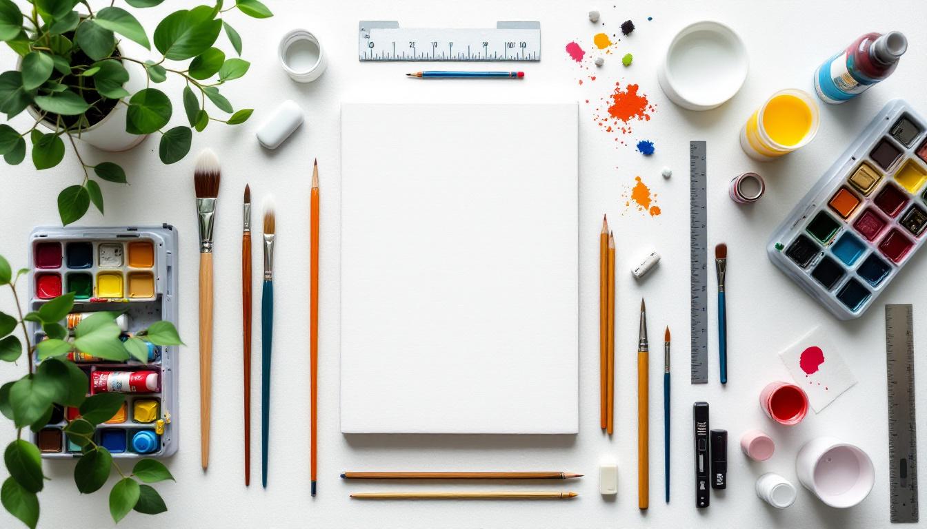 Organized flat lay of DIY paint-by-numbers materials including canvas, paints, brushes, and tools