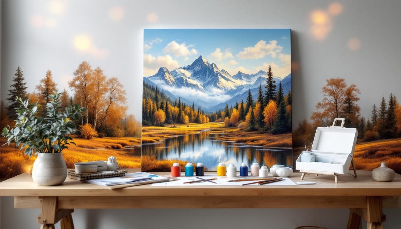 Modern custom paint-by-numbers kit created with AI technology, featuring a personal photo converted to numbered canvas, premium acrylic paints, professional brushes, and contemporary packaging, representing today's personalized paint-by-numbers renaissance