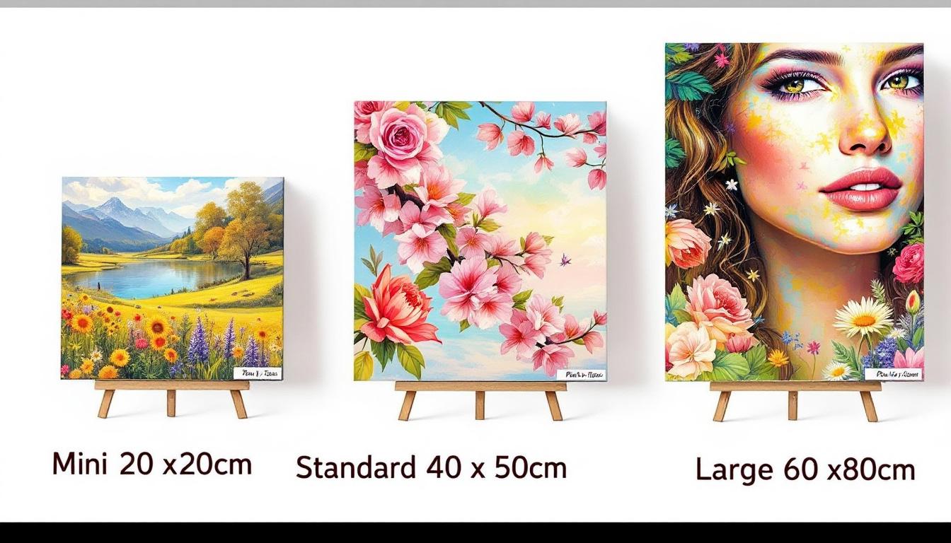 Mini vs large paint by numbers canvas sizes compared showing different formats and artwork themes