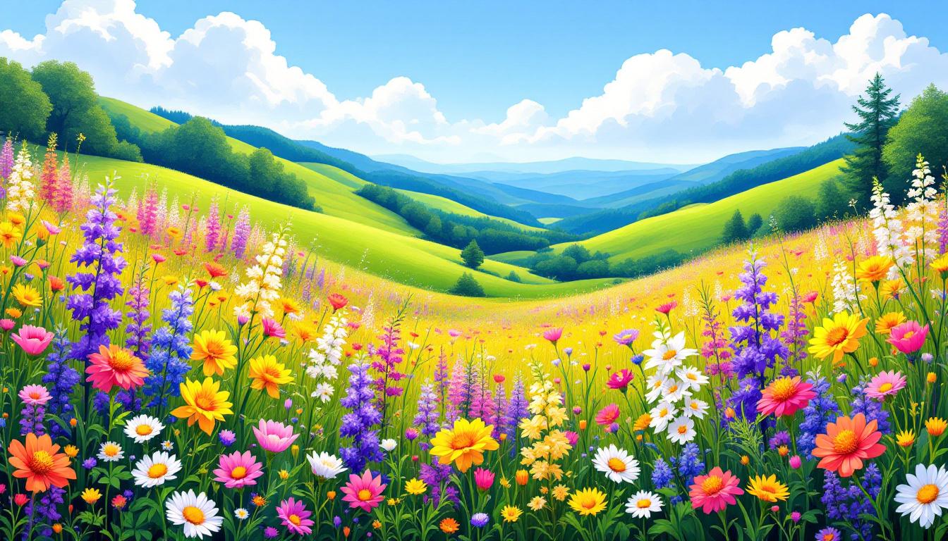 Vibrant wildflower meadow with colorful spring flowers in purple, yellow, pink and white against green rolling hills, perfect for floral landscape paint by numbers