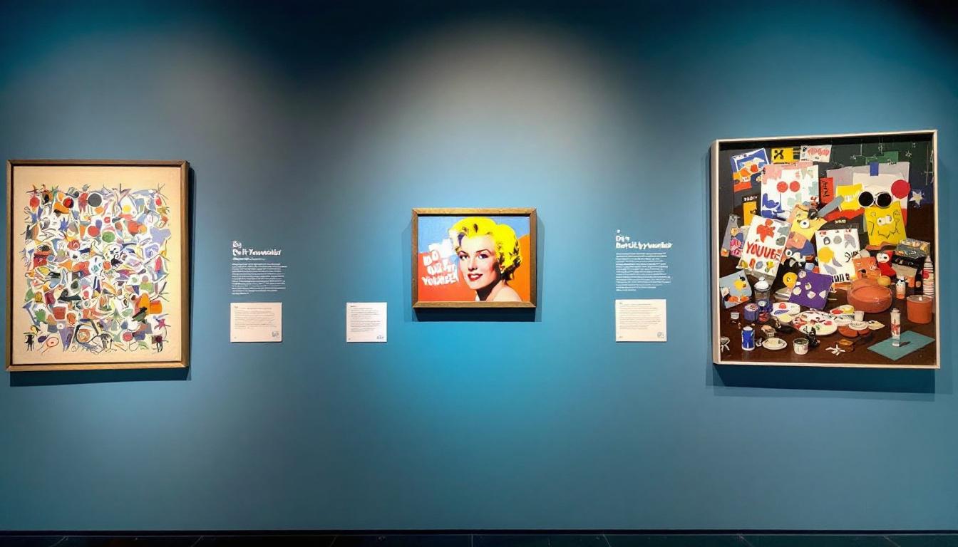 Museum gallery wall showing Andy Warhol's 'Do It Yourself' 1962 painting alongside actual vintage paint-by-numbers artwork, with informational plaques explaining the connection between Pop art and paint-by-numbers culture
