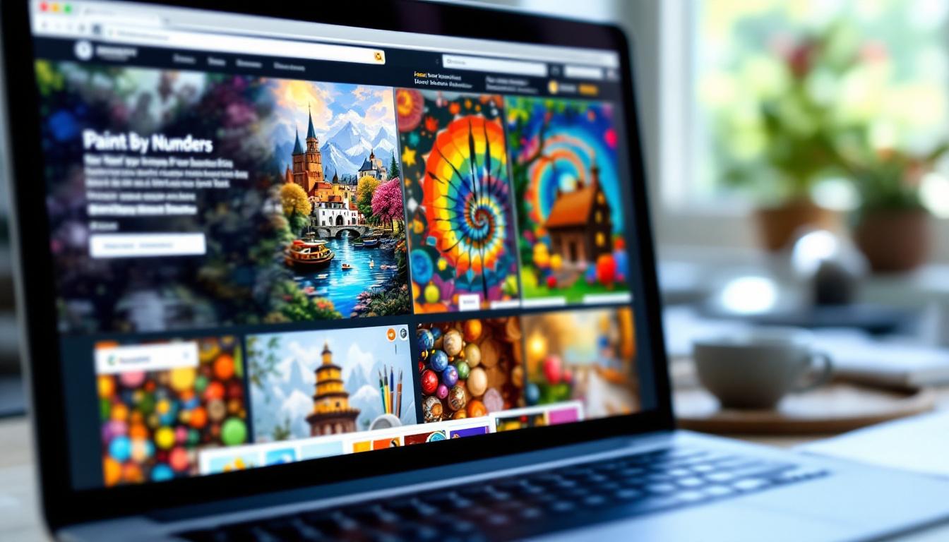 Online shopping comparison showing different websites for paint by numbers kits on computer screen with multiple retail options
