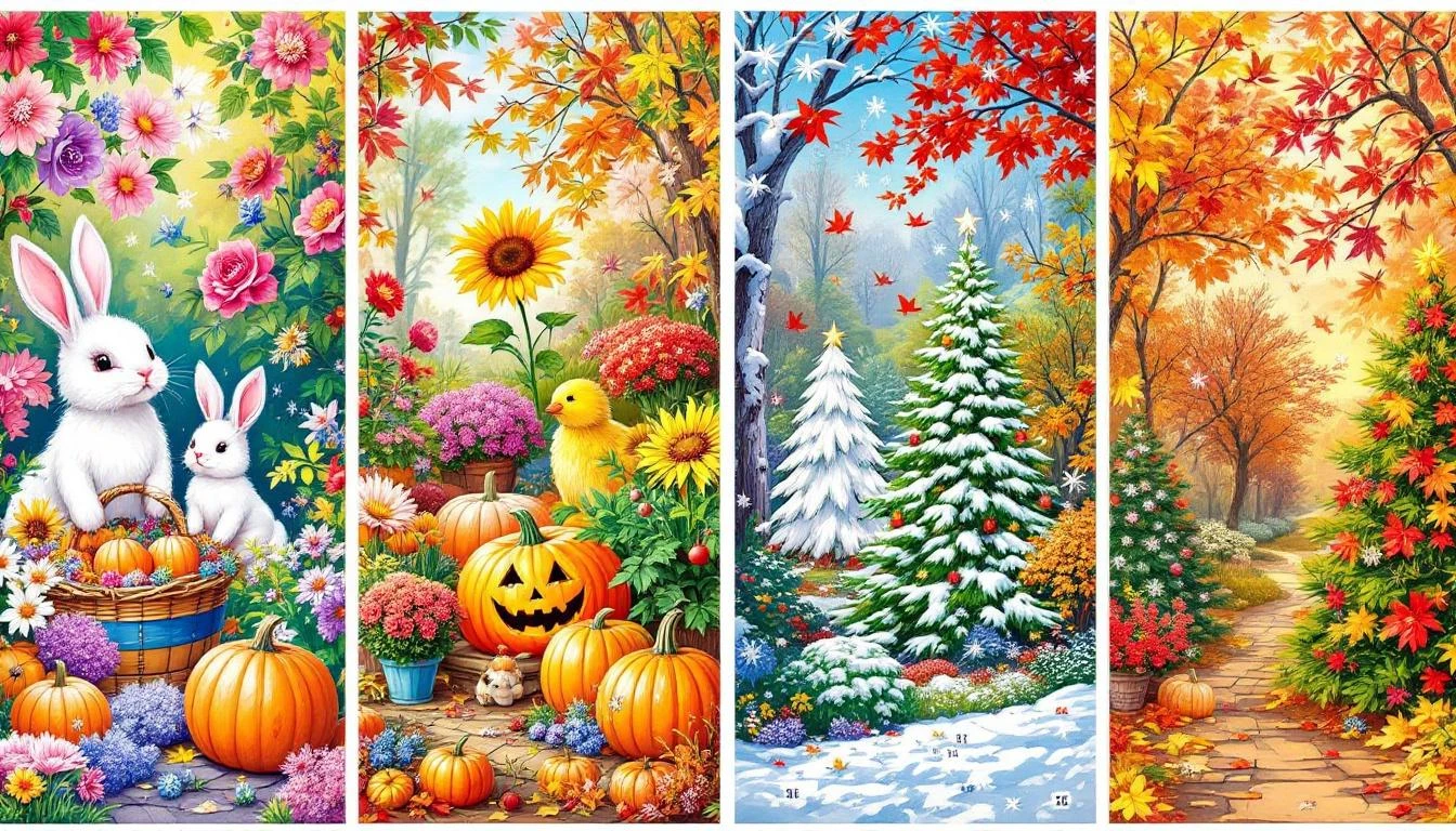Multi-generational family creating seasonal paint by numbers tradition with grandparents parents and children