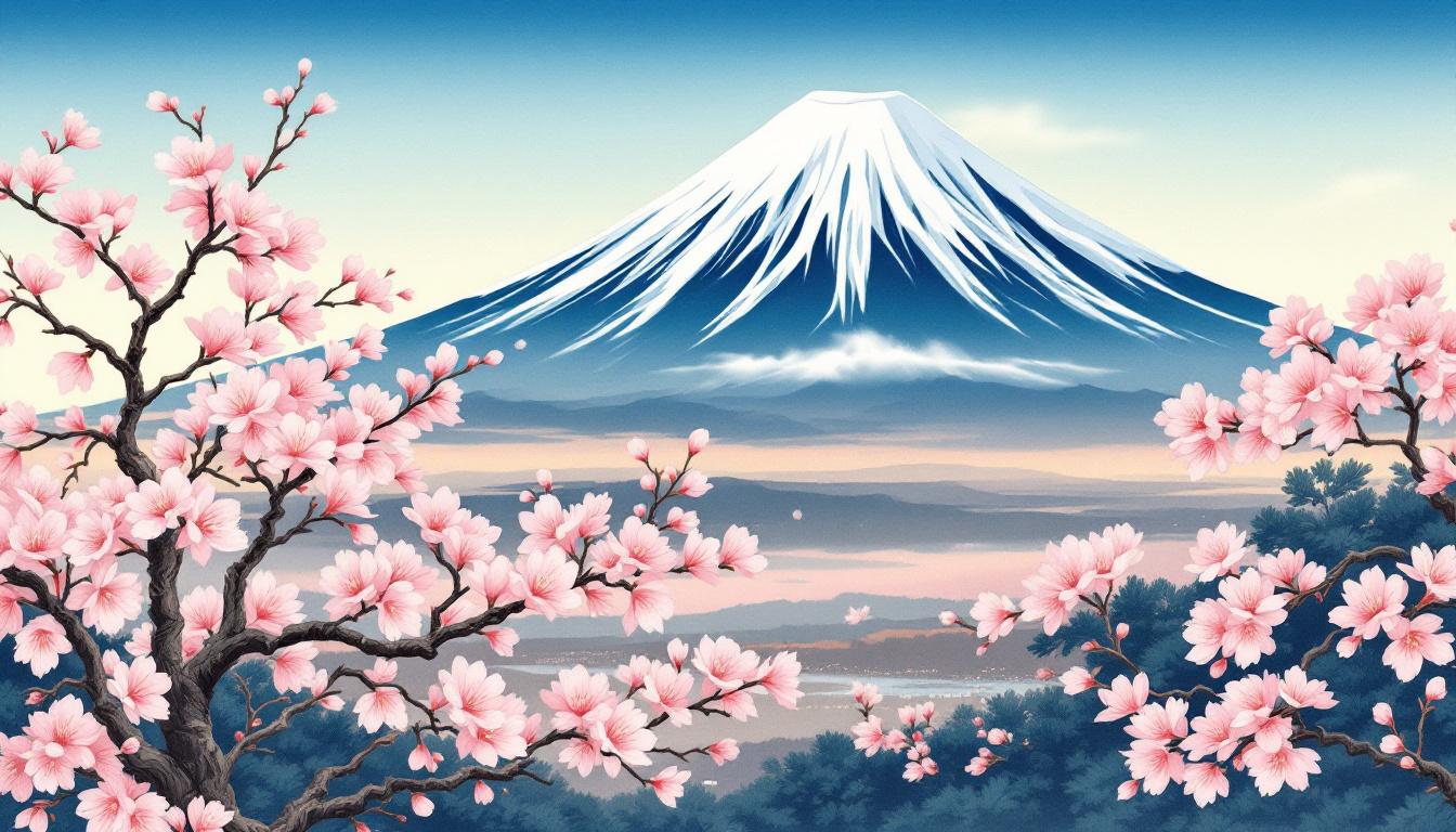 Traditional ukiyo-e style painting showing Mount Fuji with cherry blossoms in foreground, Hokusai inspired composition with authentic Japanese artistic elements perfect for cultural art appreciation