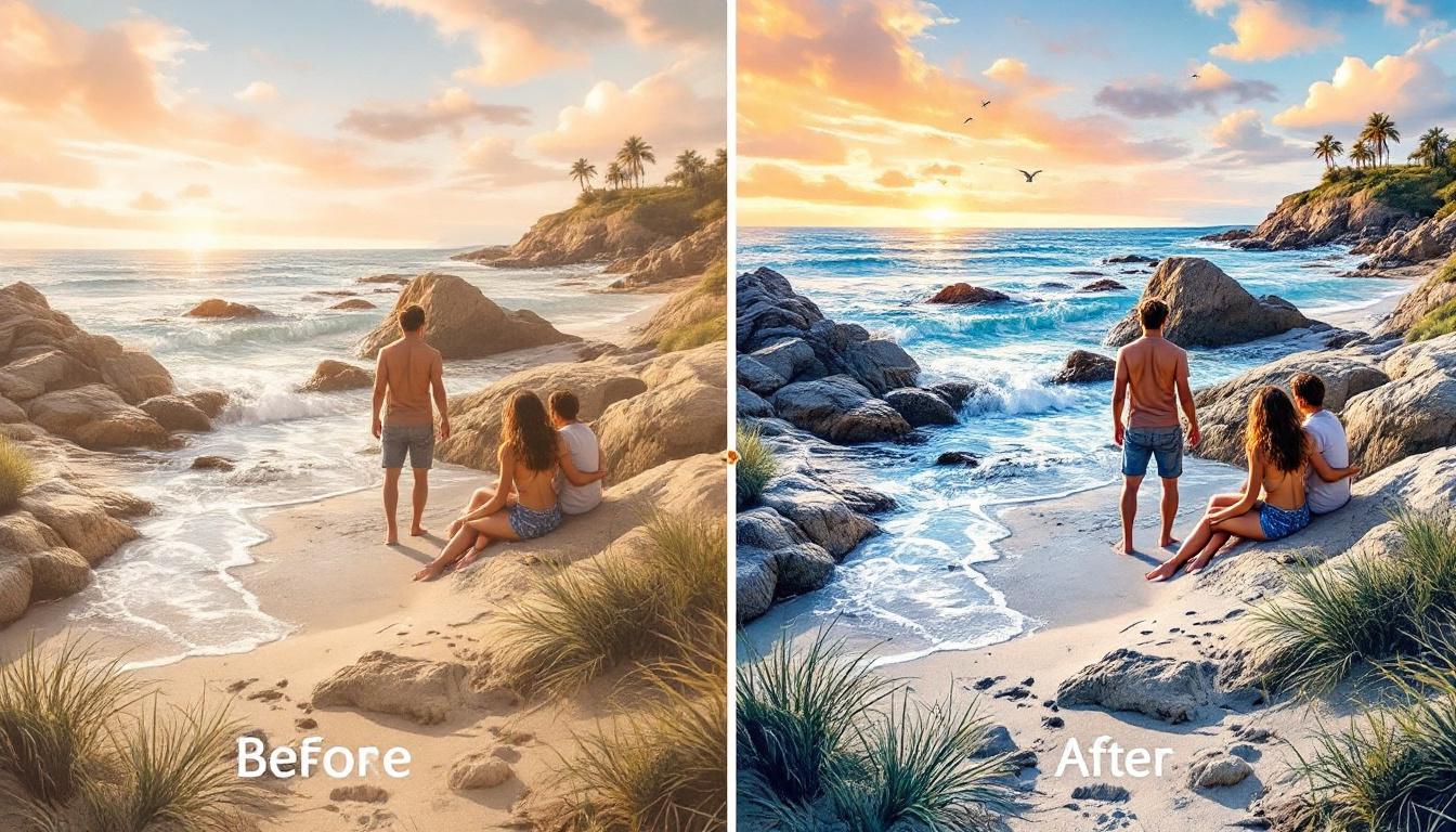 Custom beach photo converted to paint by numbers kit by Paintby.ai showing personalized coastal memory preservation