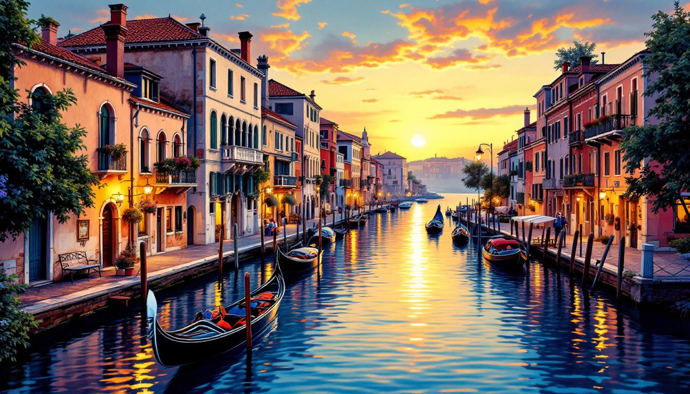 Venetian canals with gondolas and historic Italian architecture in vibrant Mediterranean colors