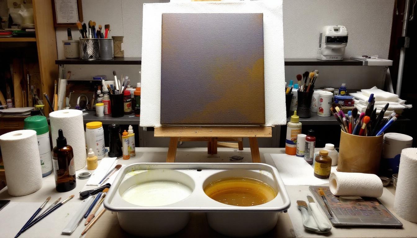 Paint-by-numbers workspace setup with mounted canvas and two water cups
