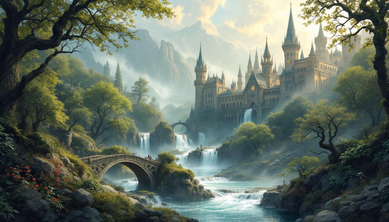 Rivendell elven city with flowing waterfalls, elegant spires and bridges, ethereal misty atmosphere with ancient trees and gardens