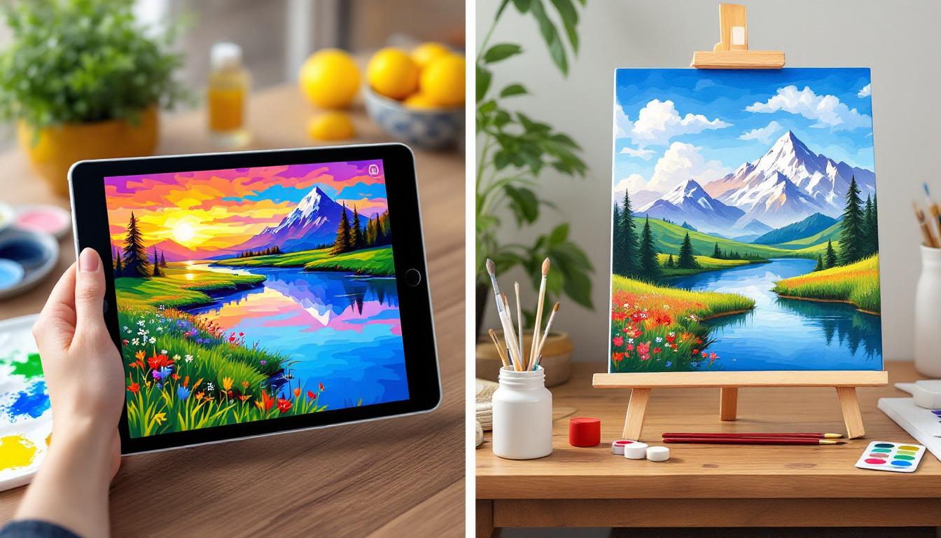Split screen comparison showing digital paint-by-numbers app on tablet versus traditional physical canvas workspace