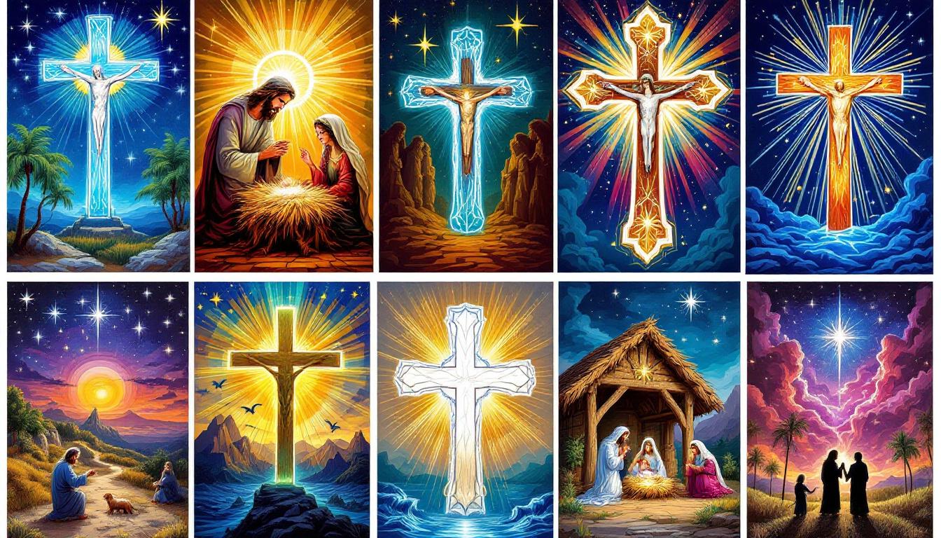 Completed religious paint-by-numbers artworks featuring cross designs, nativity scene, and biblical themes