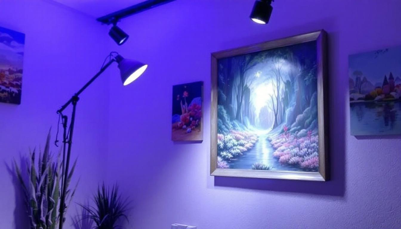 Proper LED lighting setup for framed paint-by-numbers artwork with UV protection and museum-quality display
