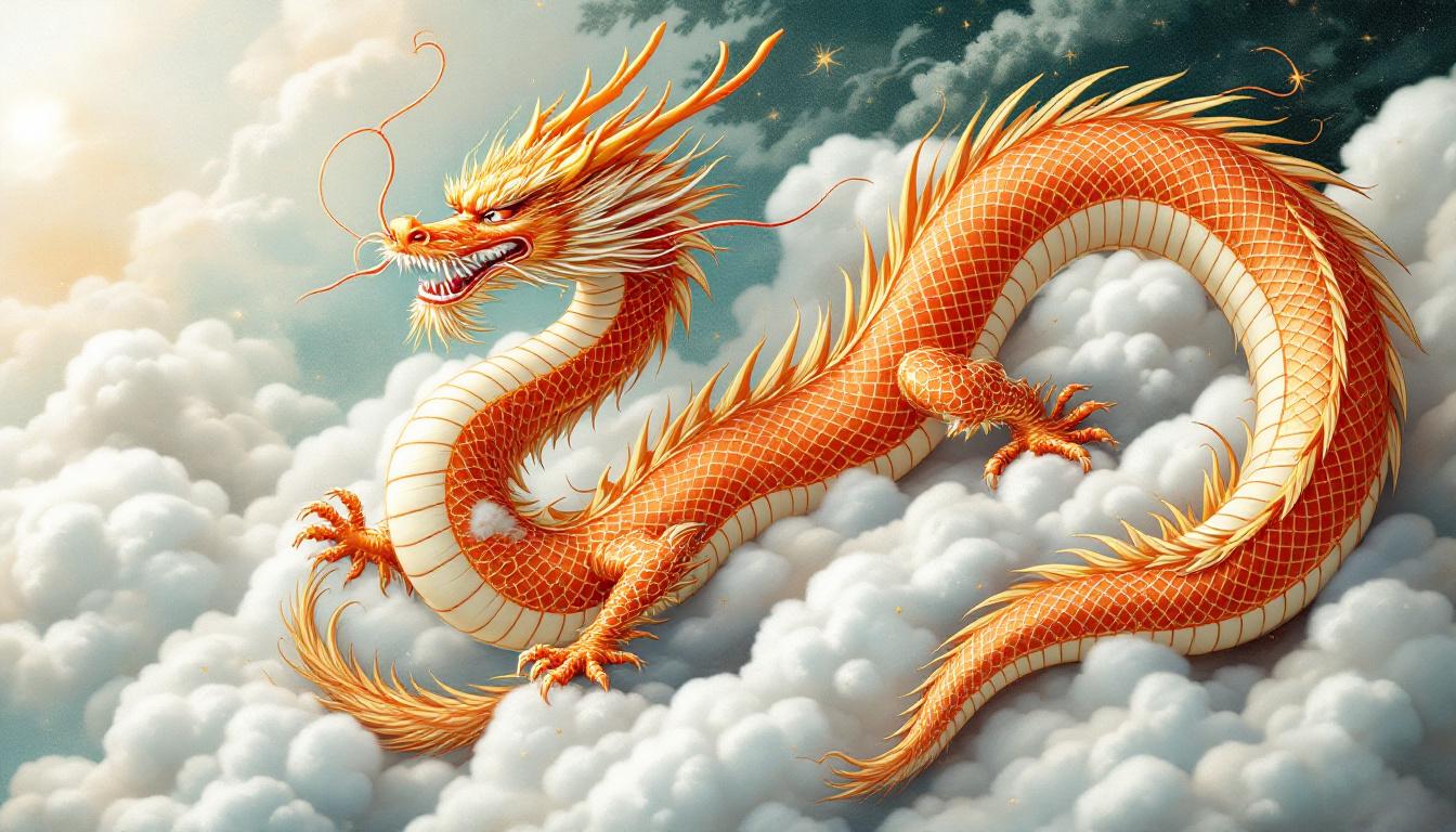 Elegant Eastern dragon with serpentine body, flowing whiskers, and benevolent expression in traditional Chinese gold and red colors with cloud background