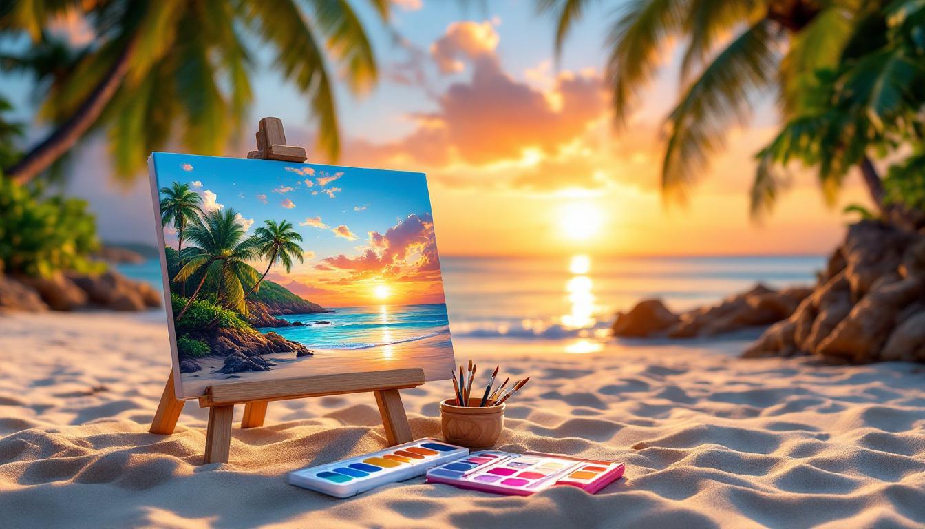 Beach paint by numbers kit with brushes showing tropical sunset scene and therapeutic coastal art creation