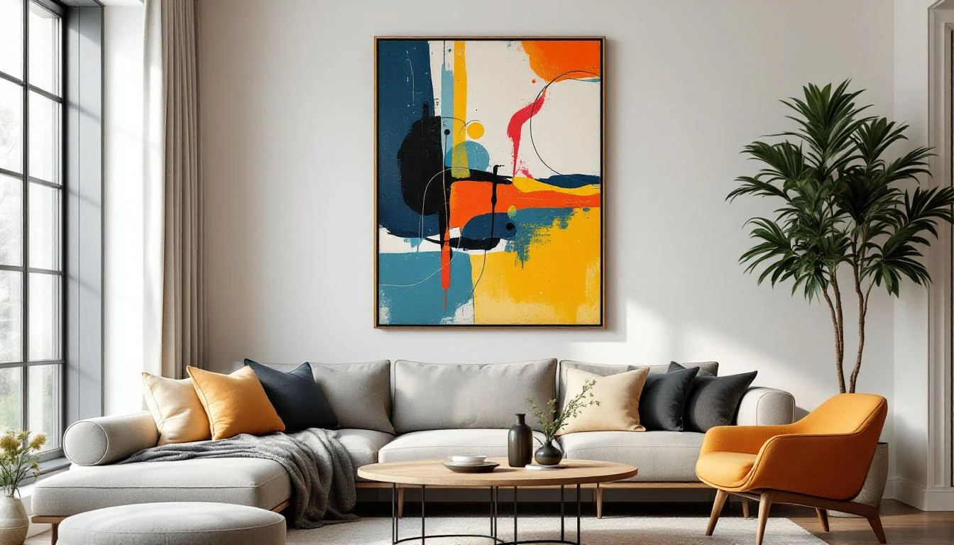 Abstract paint by numbers vintage artwork displayed in contemporary mid-century modern home interior design setting