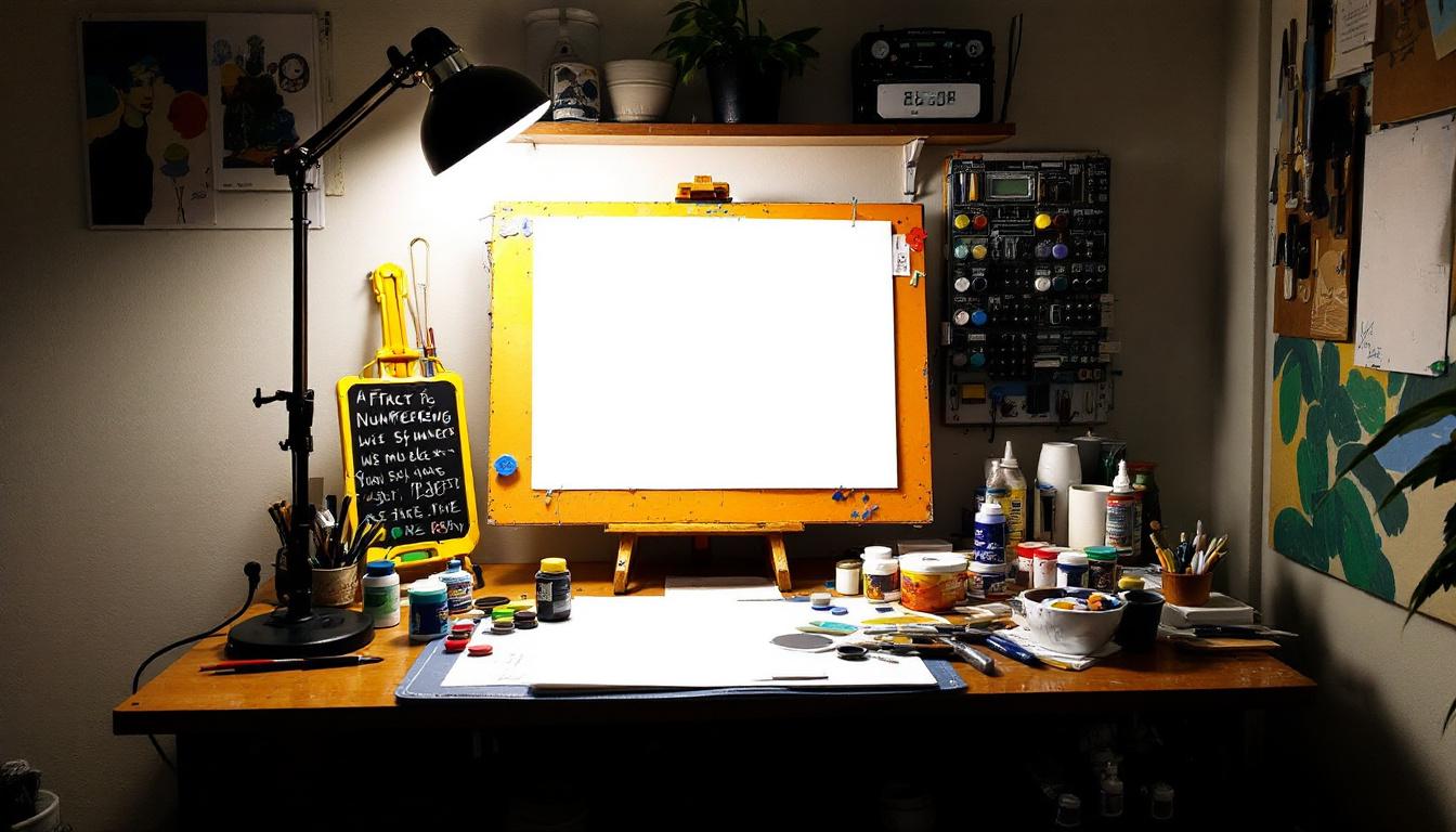Wet palette and task lighting setup for paint-by-numbers workspace showing optimal lighting and paint organization