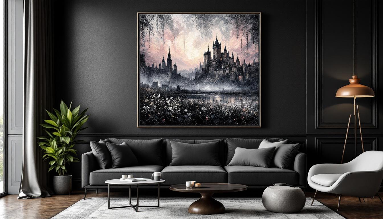 Elegant framed paint by numbers artwork in sophisticated home interior with dark artistic aesthetic decor