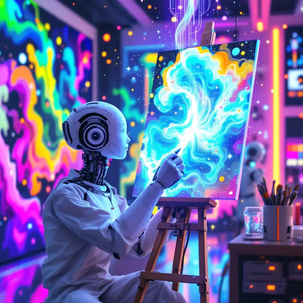 AI artist creating custom paint by numbers in futuristic studio - AI generated example