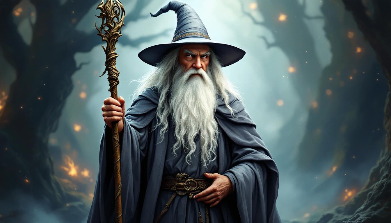 Gandalf the Grey standing with his staff, wise expression, flowing grey robes and pointed hat with magical aura and dramatic lighting