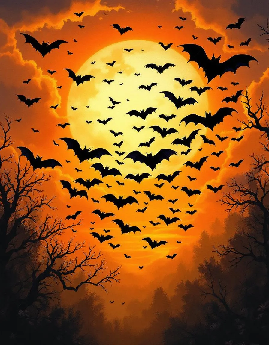 Silhouetted bats flying across orange sunset sky
