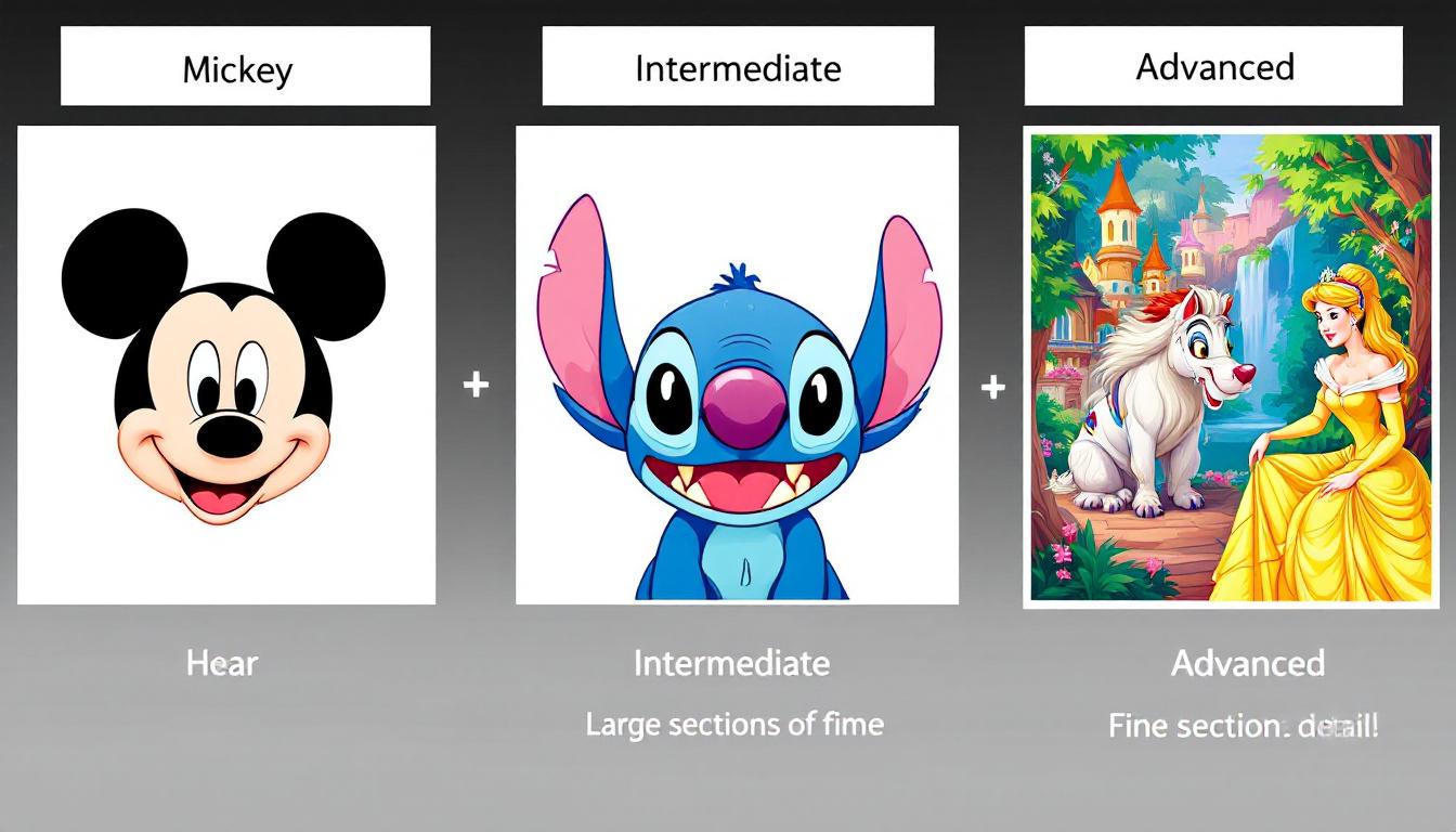 Three different Disney paint-by-numbers difficulty levels showing simple Mickey Mouse head for beginners, medium complexity Stitch for intermediate, and detailed Princess scene for advanced