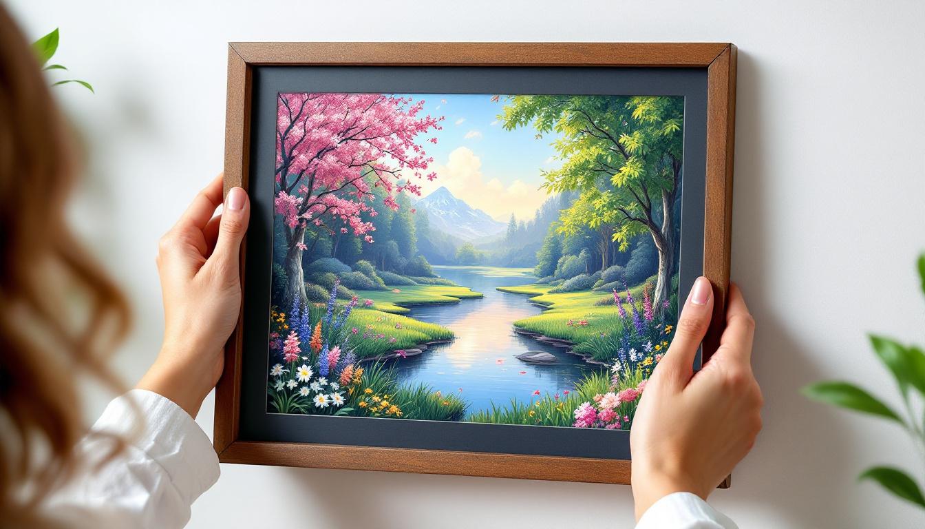 A finished beginner paint-by-numbers artwork being framed, showing the pride and satisfaction of completing a first successful project