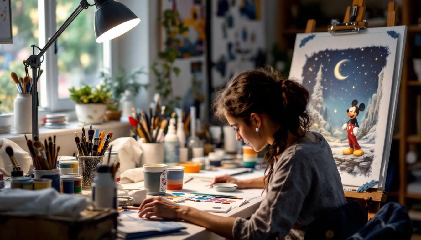 Organized art workspace for Disney paint-by-numbers showing proper setup with good lighting, paint containers arranged by number, different brush sizes, water containers, paper towels, and magnifying glass