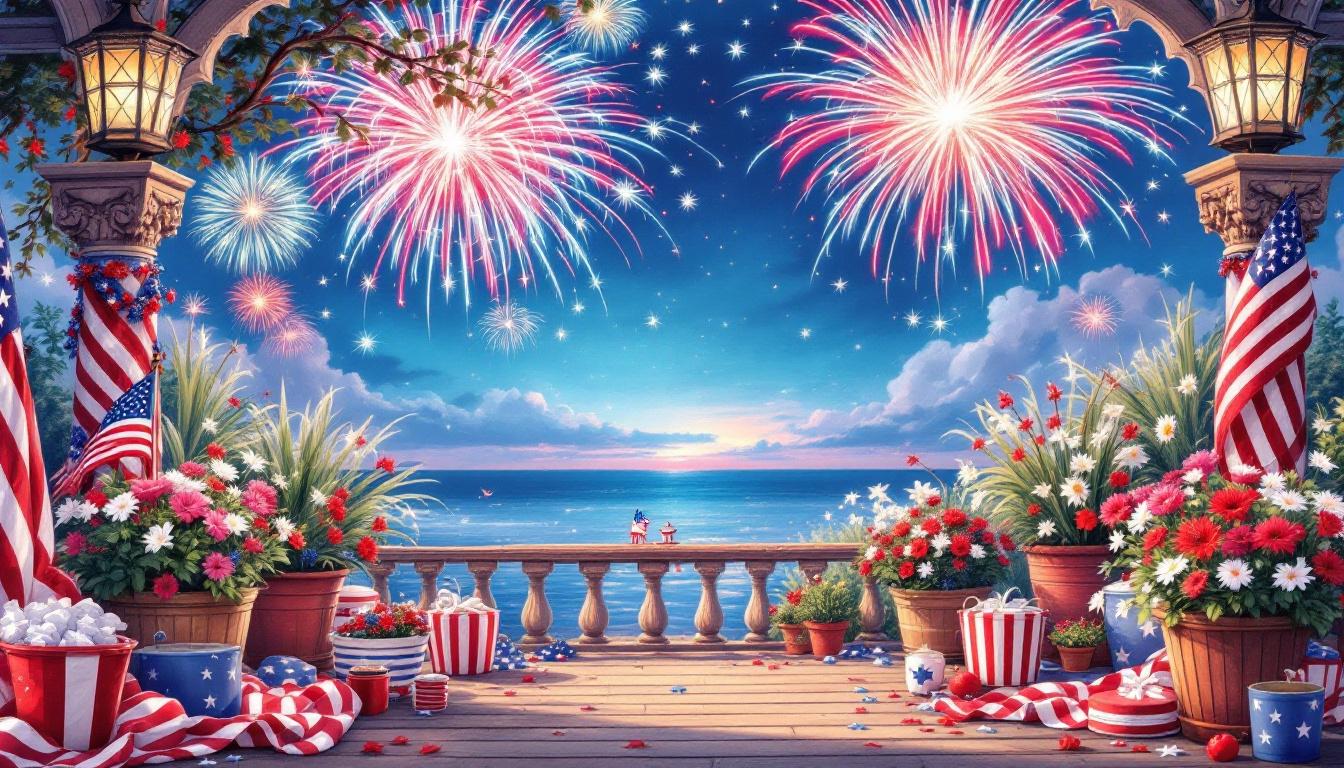 Fourth of July patriotic scene with American flag and fireworks in paint-by-numbers style