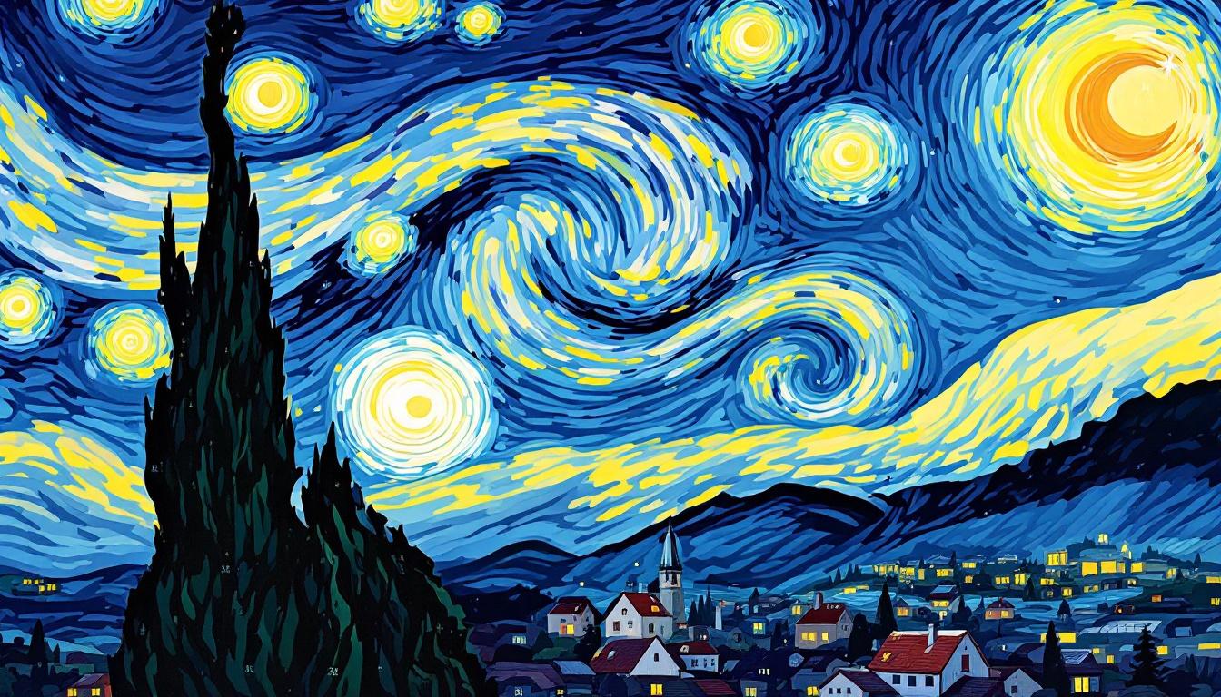 A mesmerizing paint-by-numbers recreation of Van Gogh's Starry Night, showing the iconic swirling sky patterns in blues and yellows with a peaceful village below