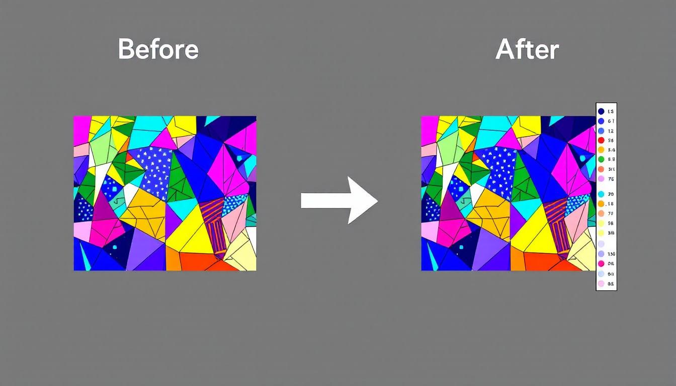 Before and after showing original photograph being converted to numbered pattern with color legend