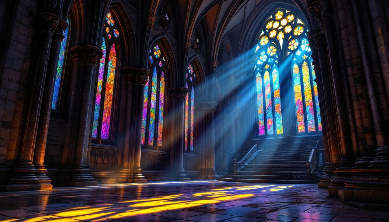 Gothic cathedral interior with dramatic lighting, stone arches and stained glass windows creating mysterious atmospheric scene