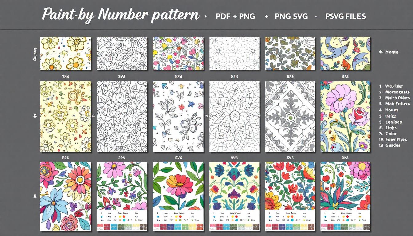 Collection of PDF, PNG, and SVG files with numbered patterns and color legend guides for printable paint-by-numbers