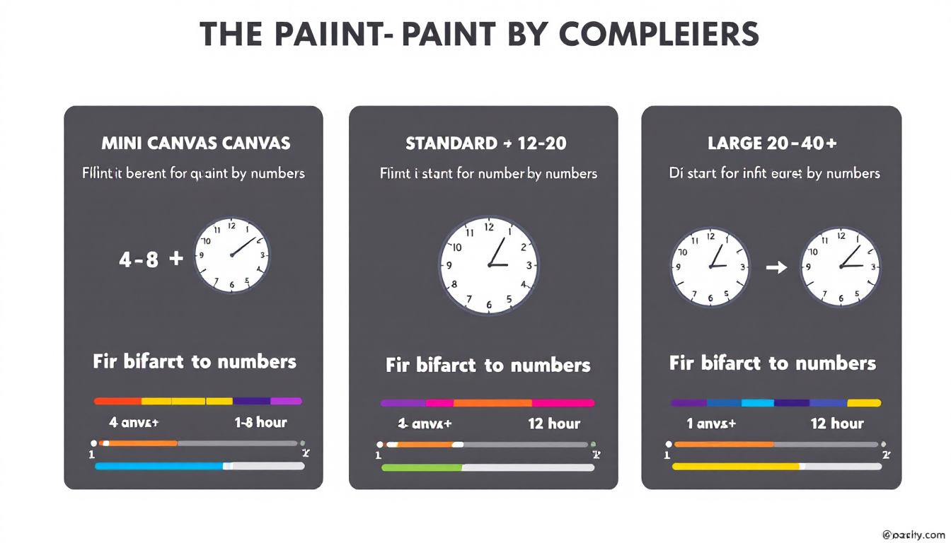 Time comparison infographic showing completion times for different paint by numbers canvas sizes
