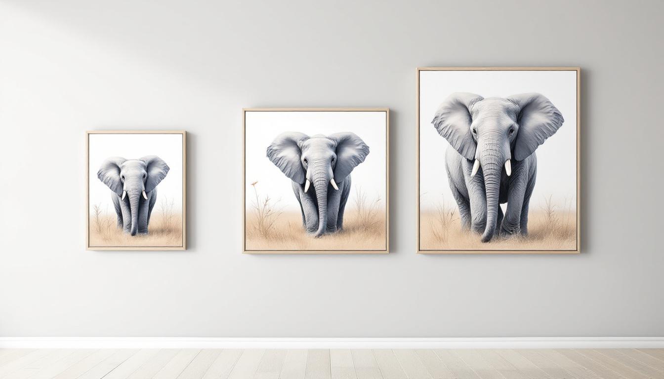Different sized elephant paint-by-numbers artworks displayed on wall showing small, medium, and large canvas options for room display