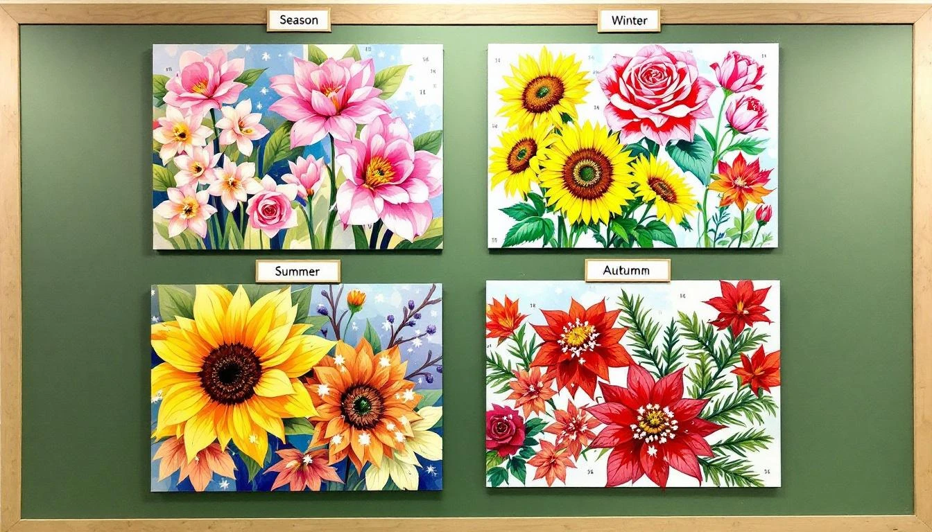Educational display showing four seasons of flowers in paint-by-numbers style - spring cherry blossoms, summer sunflowers, autumn chrysanthemums, and winter poinsettias