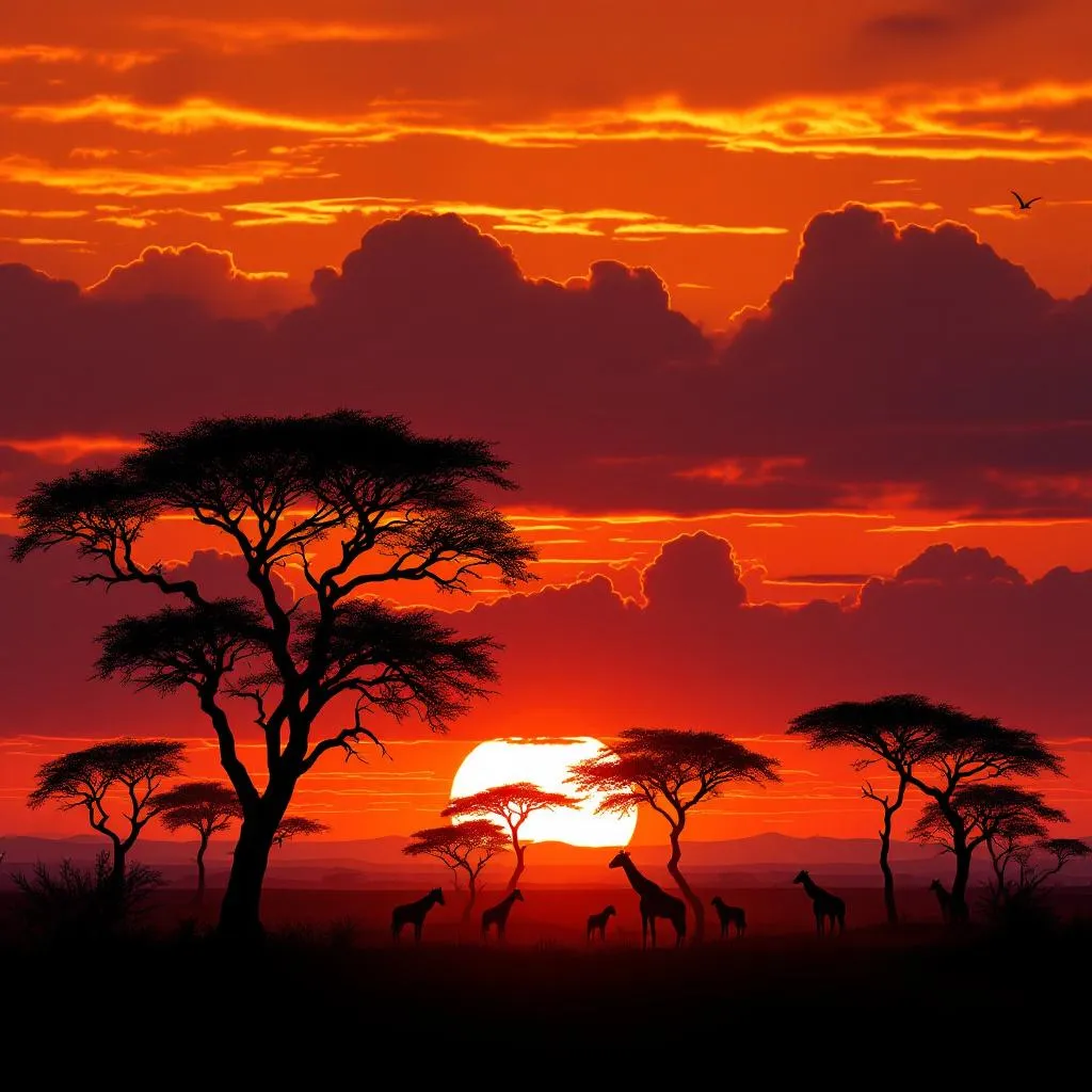 African safari sunset with wildlife silhouettes - AI generated paint by numbers example