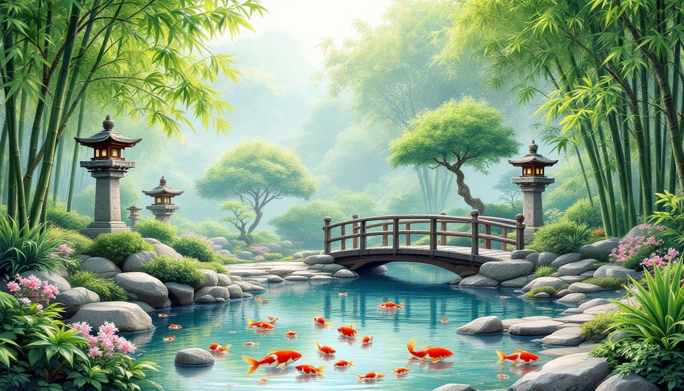 Peaceful Japanese zen garden with koi pond, stone lanterns, bamboo grove, and meditation bridge showcasing traditional design elements for mindful painting practice