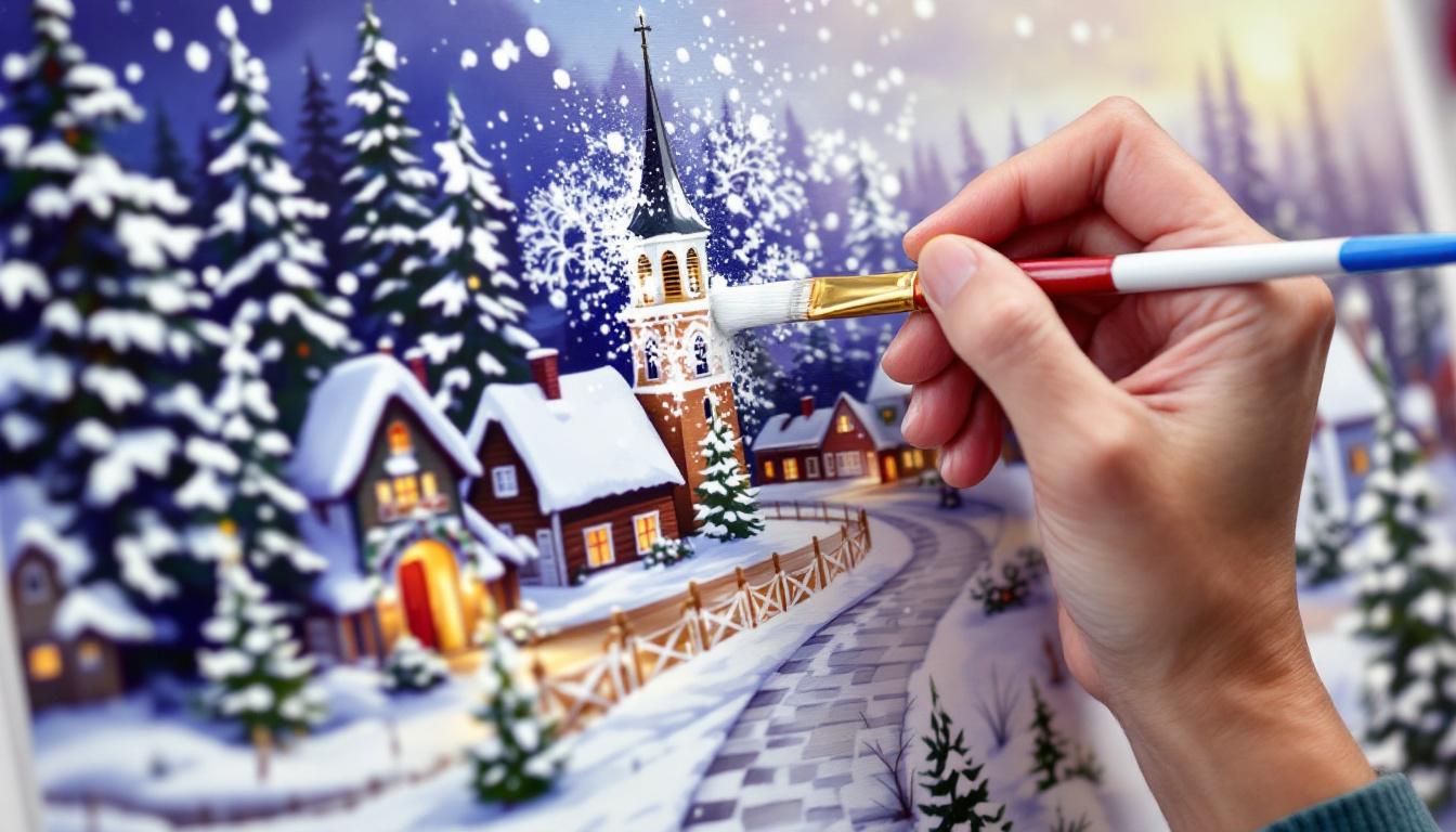 Hands demonstrating snow painting technique on Christmas paint by numbers village scene