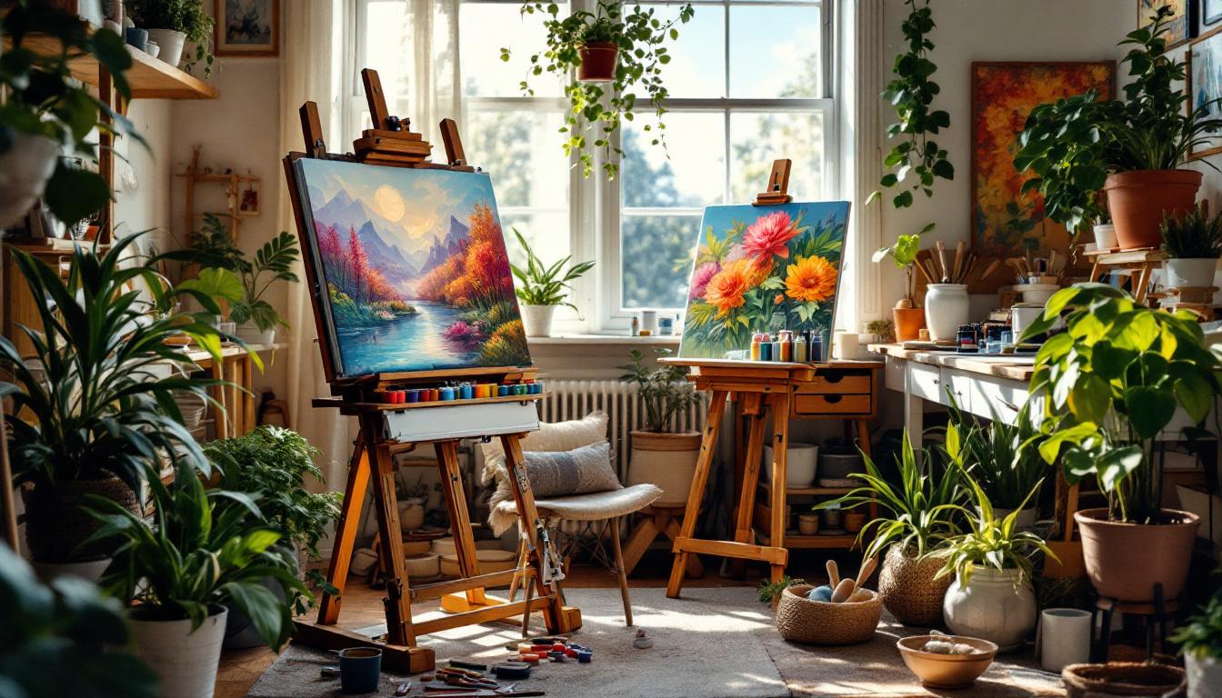 Comfortable home art studio with good lighting, organized paint supplies, and relaxing environment for therapeutic painting