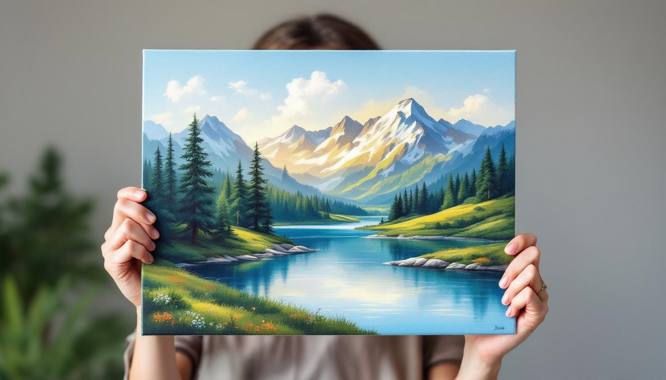 Satisfied beginner proudly showing finished easy paint-by-numbers landscape painting on 40x50cm canvas, encouraging achievement moment