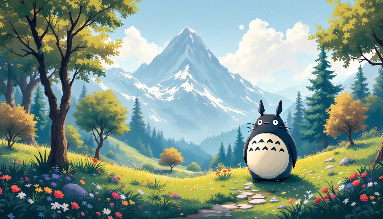 Custom Paintby.ai design blending Bob Ross mountain landscape with Studio Ghibli Totoro character