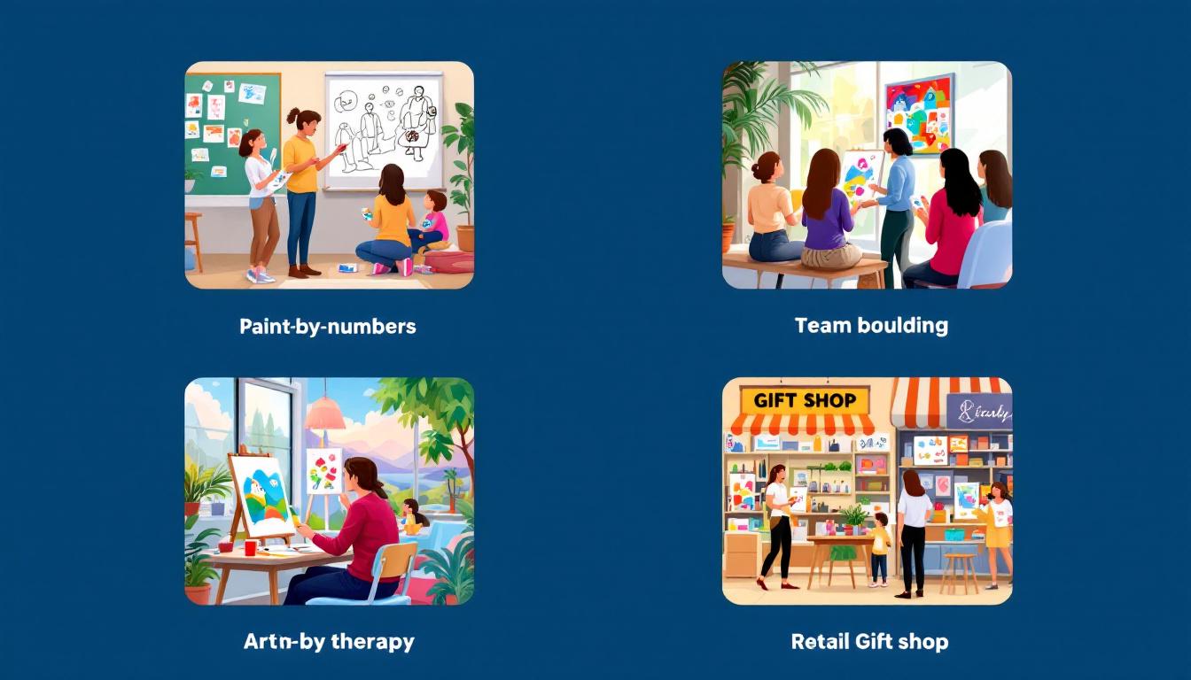 Business and educational applications of paint-by-numbers creator tools showing classroom setting, corporate team-building, art therapy session, and retail display, illustrating diverse use cases and practical applications