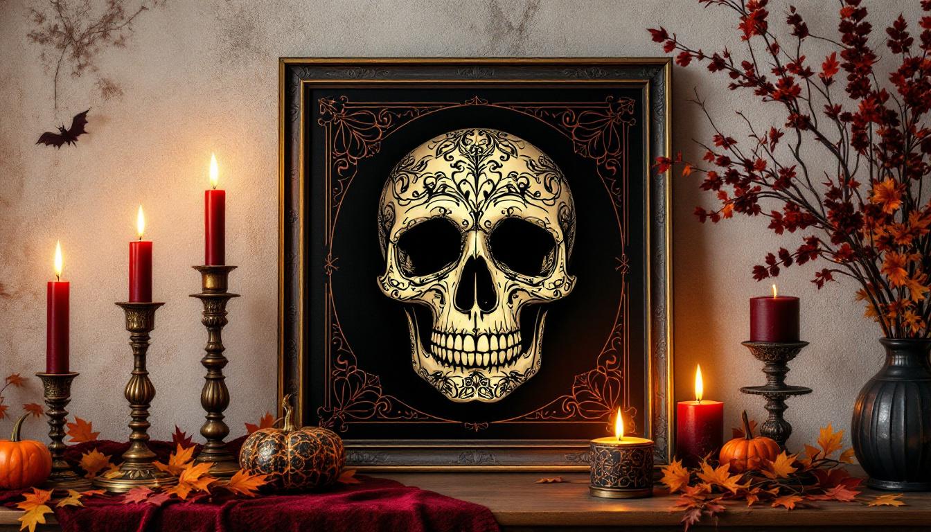 Halloween gothic home decor featuring elegant skull art and candles with sophisticated dark aesthetic and autumn atmosphere