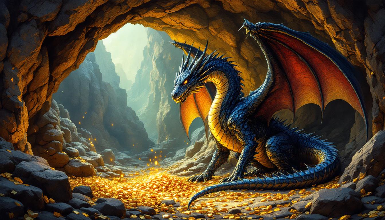 Western fantasy dragon guarding treasure in medieval cave with powerful wings, scales, and dramatic fire-lit atmosphere