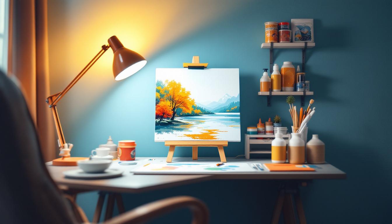 Easy paint by numbers for adults setup showing perfect workspace with bright lighting, comfortable chair, and organized painting station