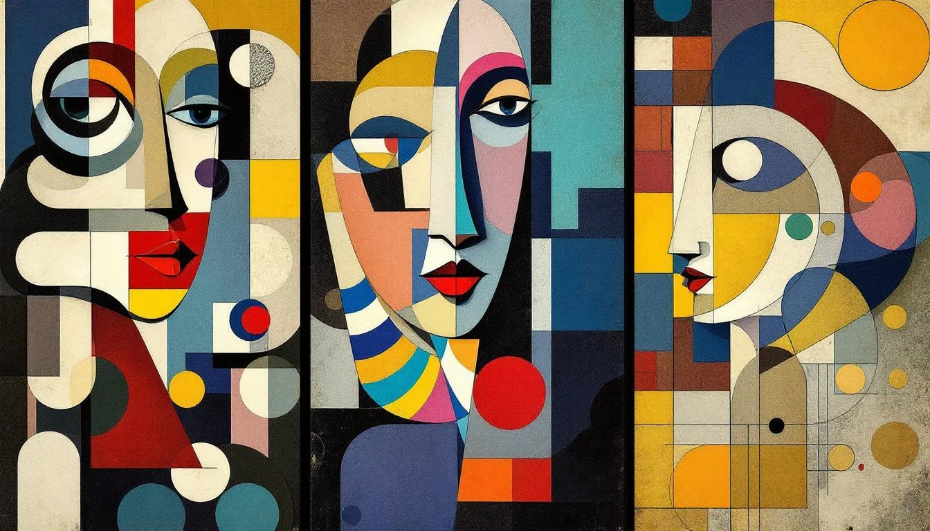 Abstract art movements comparison showing Cubism, Abstract Expressionism and Neo-Plasticism techniques adapted for vintage paint by numbers